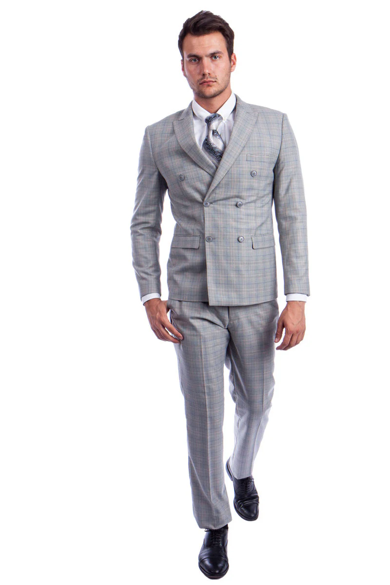 Men's Slim Fit Double Breasted Suit in Light Grey Windowpane Plaid - Image 2