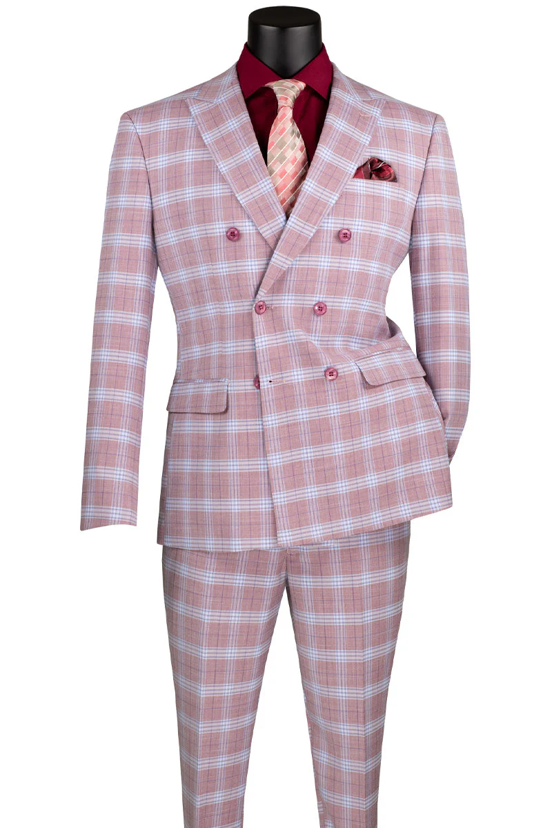 Men's Slim Fit Double Breasted Suit in Rose Pink Windowpane Plaid - Image 2