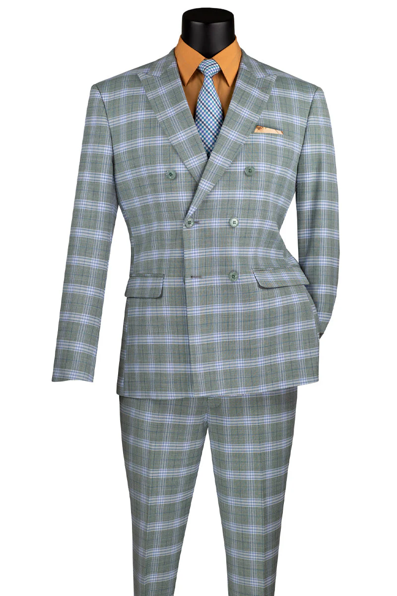 Men's Slim Fit Double Breasted Suit in Sea Green Windowpane Plaid - Image 2