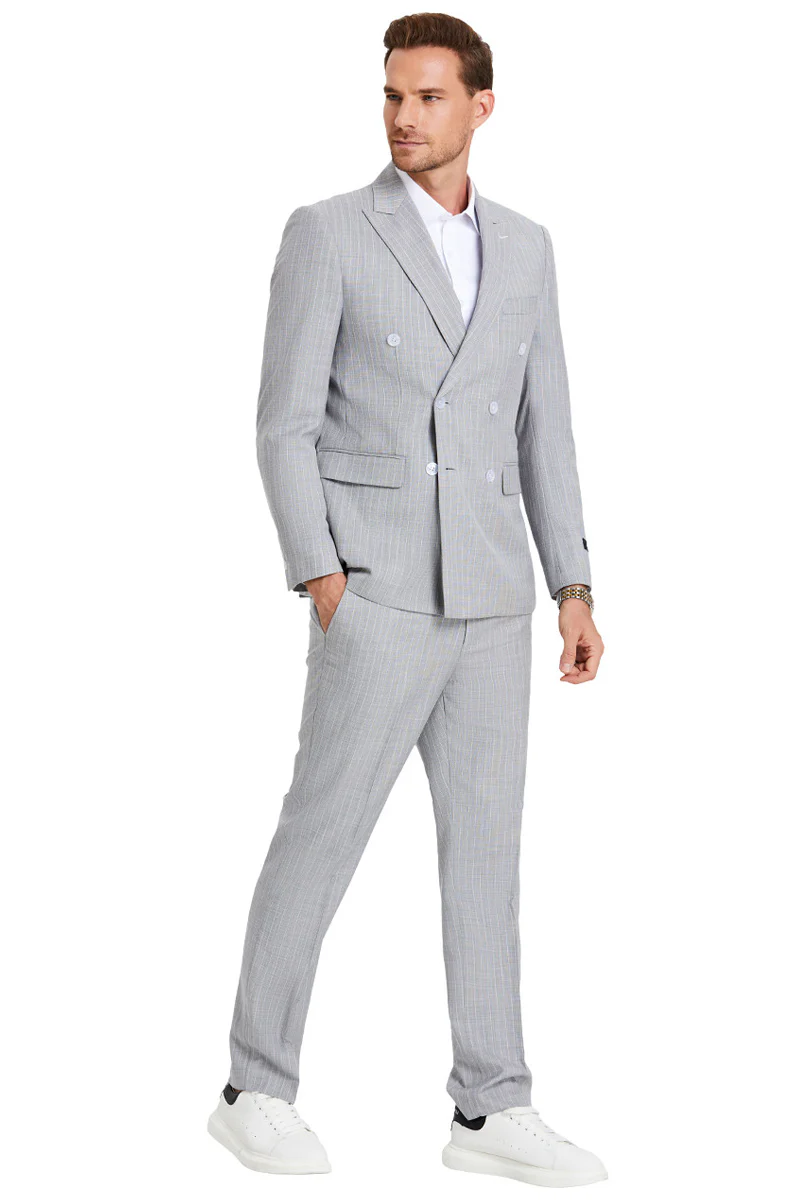 Men's Slim Fit Double Breasted Summer Pastel Suit in Light Grey Pinstripe - Image 2