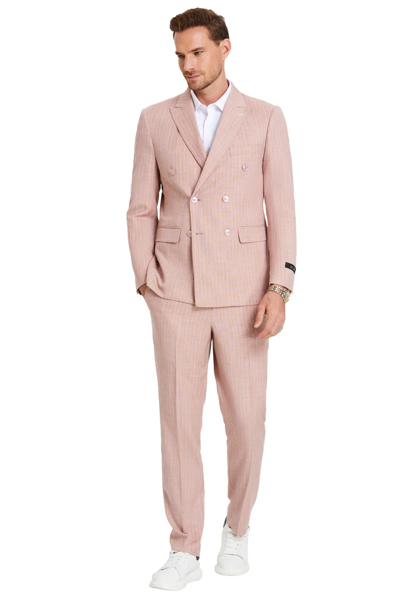 Men's Slim Fit Double Breasted Summer Pastel Suit in Rose Pink Pinstripe - Image 2