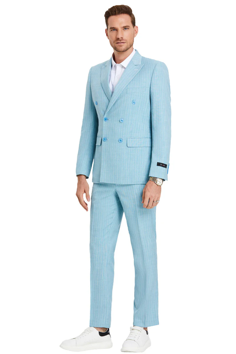Men's Slim Fit Double Breasted Summer Pastel Suit in Teal Blue Pinstripe - Image 2