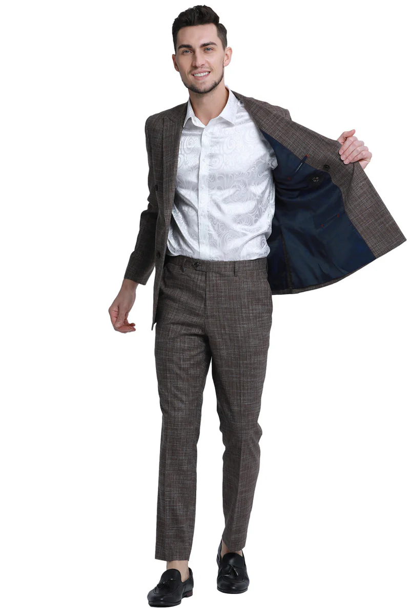 Men's Slim Fit Double Breasted Summer Sharkskin Suit in Brown - Image 2