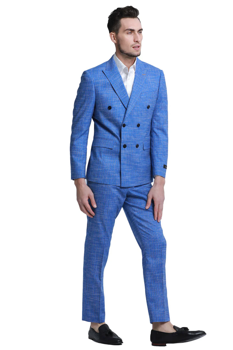 Men's Slim Fit Double Breasted Summer Sharkskin Suit in French Blue - Image 2