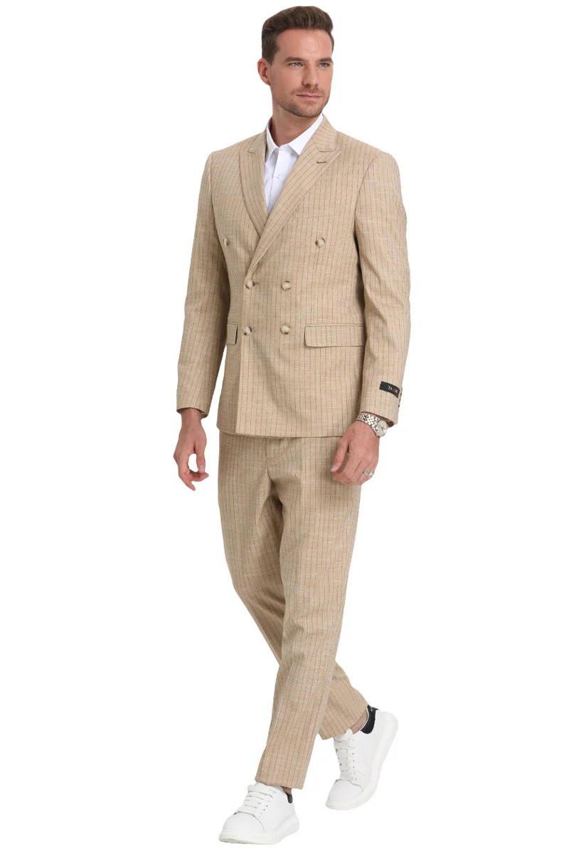 Men's Slim Fit Double Breasted Summer Suit in Khaki Pinstripe - Image 2