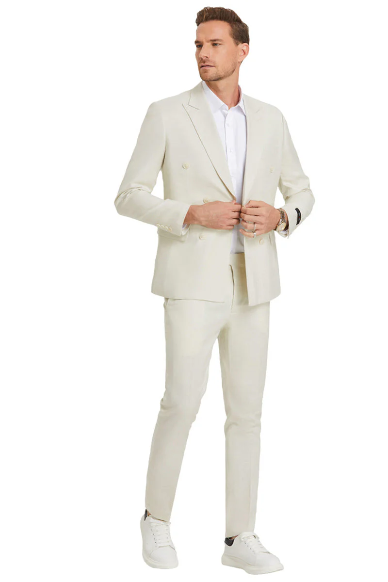 Men's Slim Fit Double Breasted Summer Wedding Suit in Ivory Off White - Image 2