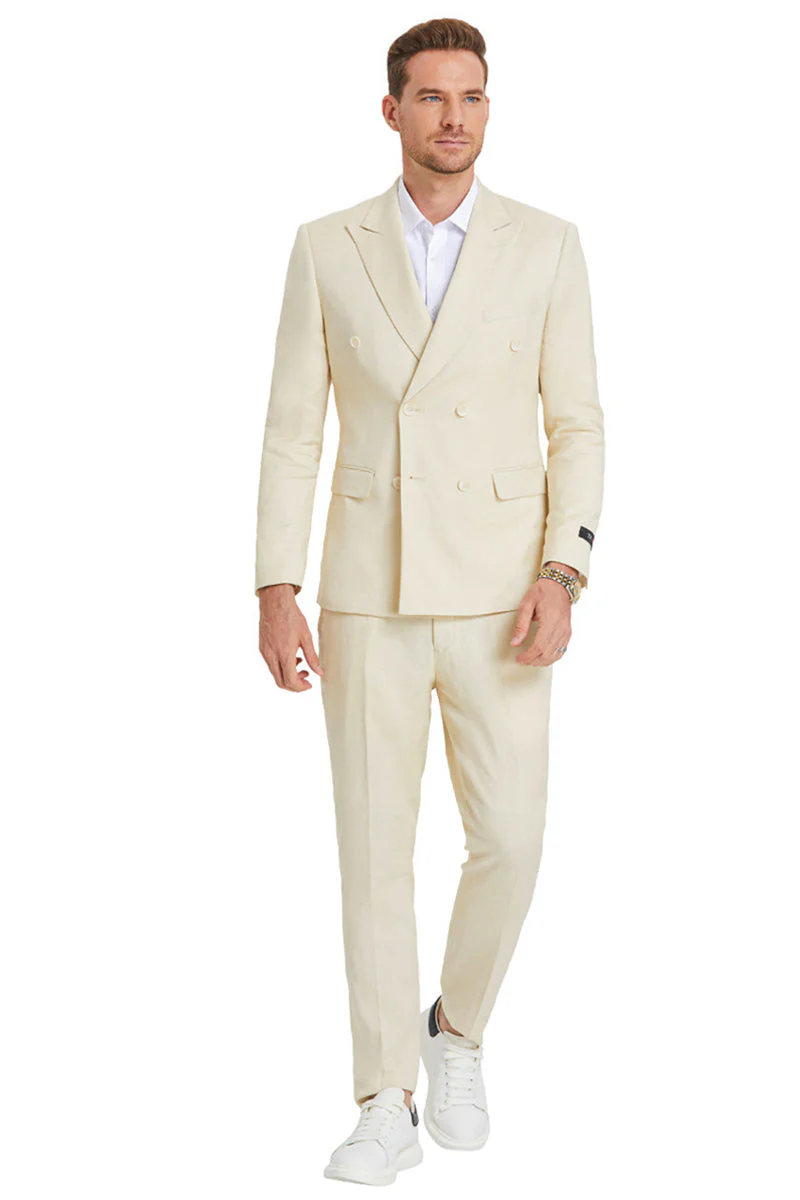 Men's Slim Fit Double Breasted Summer Wedding Suit in Tan - Image 2