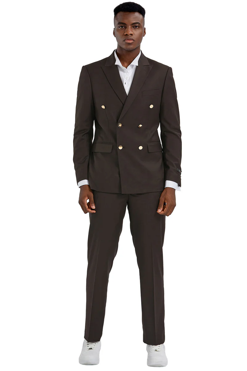 Men's Slim Fit Double Breasted Wedding Suit with Gold Buttons in Brown - Image 2
