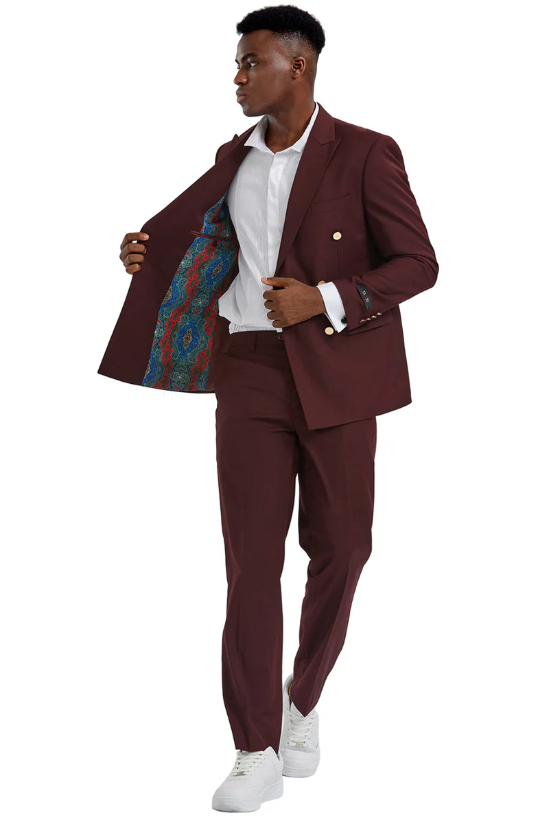 Men's Slim Fit Double Breasted Wedding Suit with Gold Buttons in Burgundy - Image 2