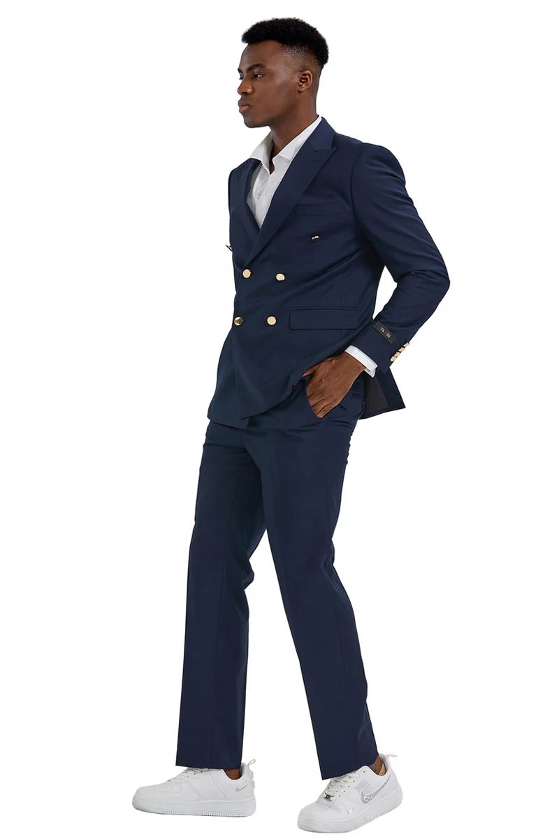 Men's Slim Fit Double Breasted Wedding Suit with Gold Buttons in Navy Blue - Image 2