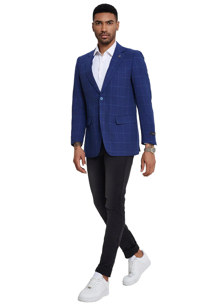 Men's Slim Fit Electric Blue windowpane Business Sport Coat Blazer - Image 2