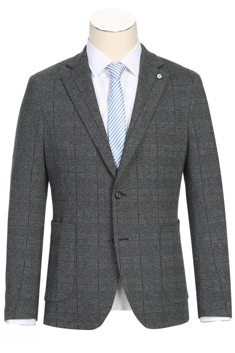 Mens Slim Fit Half Canvas Patch Pocket Summer Cotton Blazer In Charcoal Grey Windowpane Plaid