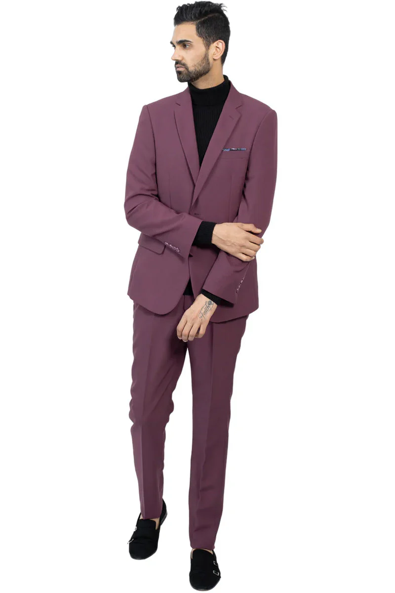 Mens Slim Fit Light Weight Poplin Polyester Suit in Burgundy - Image 2