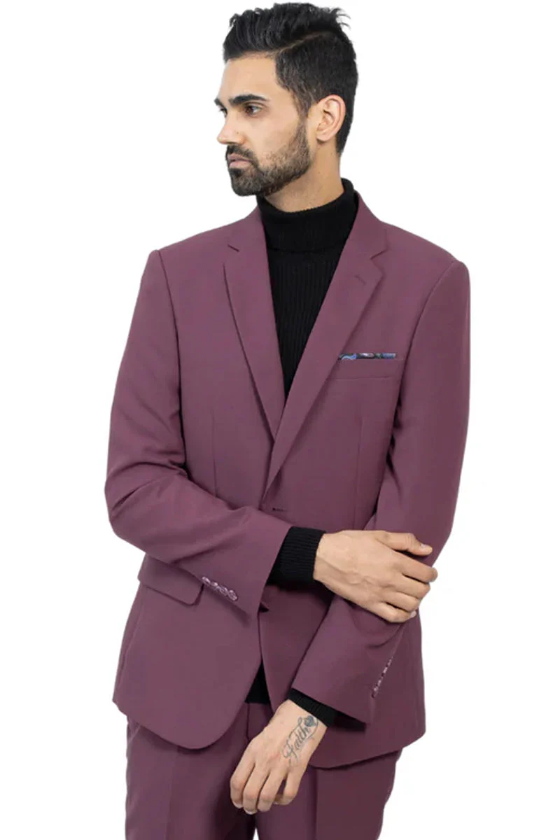 Mens Slim Fit Light Weight Poplin Polyester Suit in Purple - Image 2