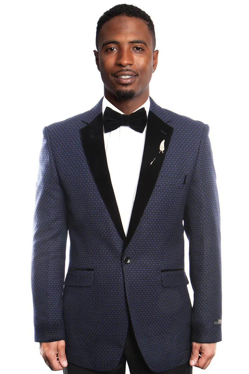 Men's Slim Fit Navy Blue Birdseye Blazer with Black Velvet Lapel