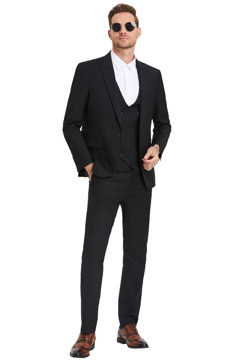 Men's Slim Fit One Button Peak Lapel Low Cut Double Breasted Vest Wedding Suit in Black - Image 2