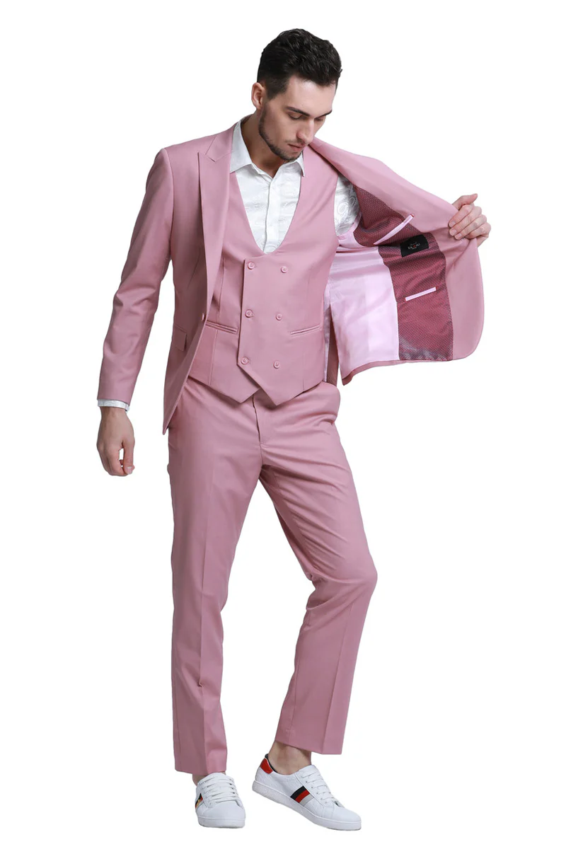 Men's Slim Fit One Button Peak Lapel Low Cut Double Breasted Vest Wedding Suit in Mauve Pink - Image 2