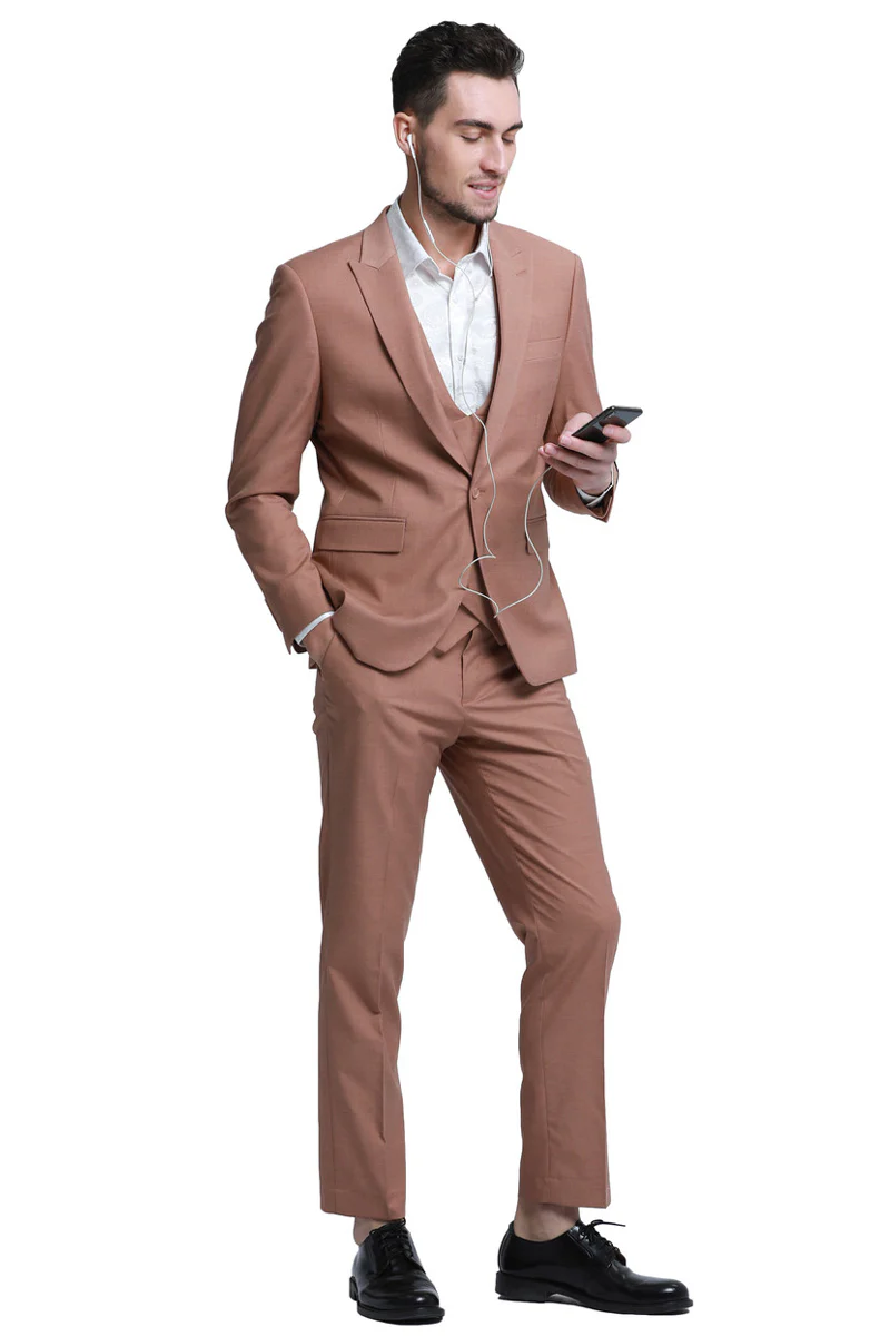 Men's Slim Fit One Button Peak Lapel Low Cut Double Breasted Vest Wedding Suit in Peach - Image 2