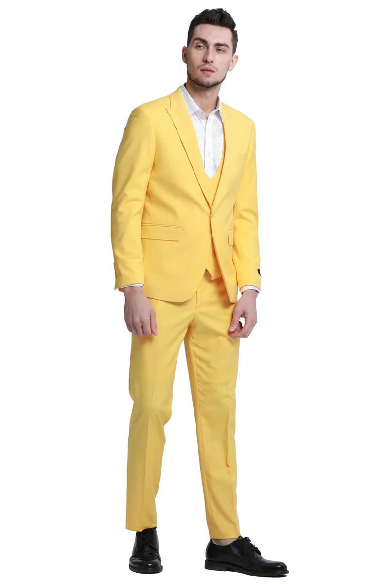Men's Slim Fit One Button Peak Lapel Low Cut Double Breasted Vest Wedding Suit in Yellow - Image 2