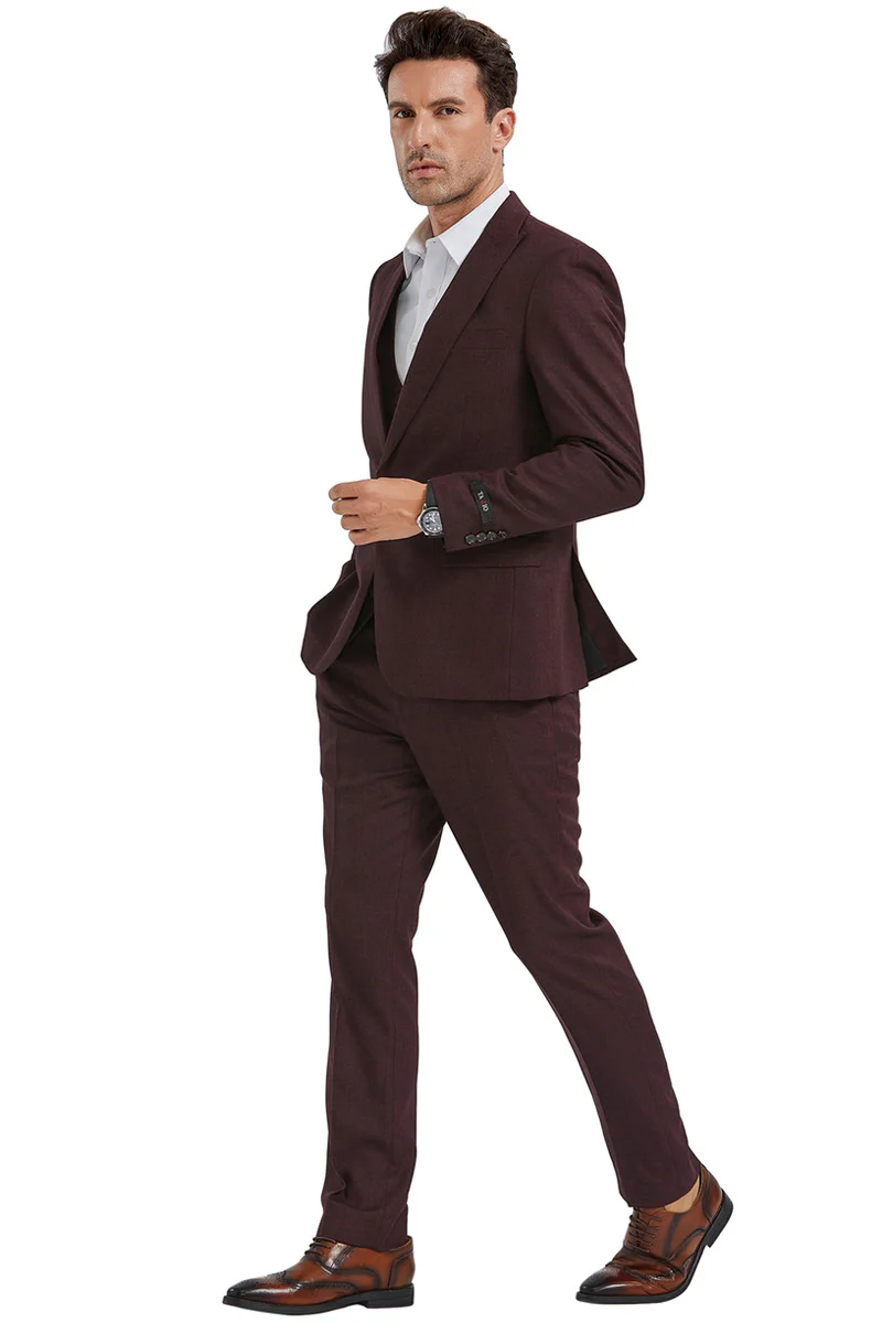 Men's Slim Fit One Button Peak Lapel Suit with Double Breasted Vest in Burgundy Sharkskin - Image 2
