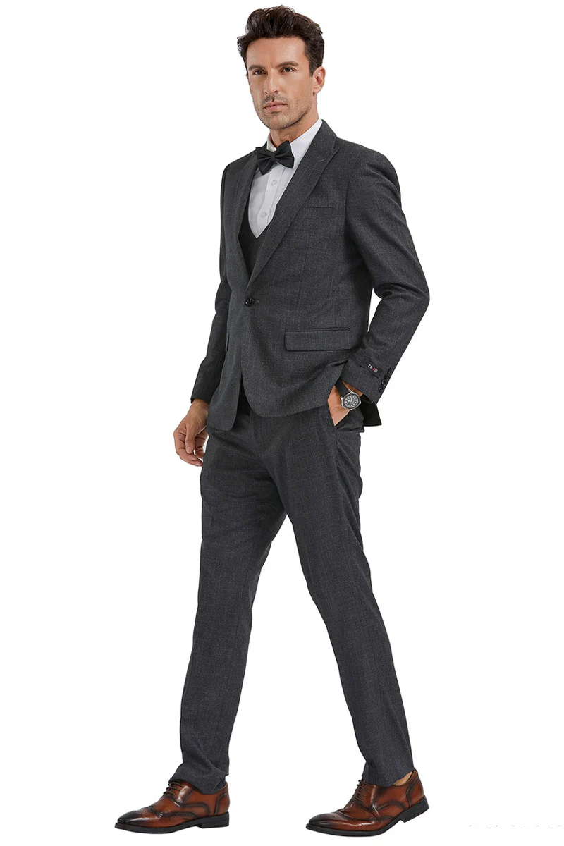 Men's Slim Fit One Button Peak Lapel Suit with Double Breasted Vest in Charcoal Sharkskin - Image 2
