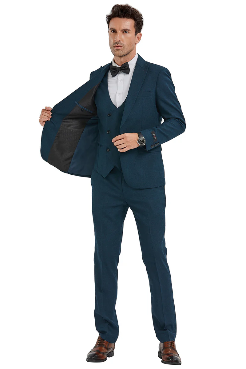 Men's Slim Fit One Button Peak Lapel Suit with Double Breasted Vest in Dark Teal Sharkskin - Image 2