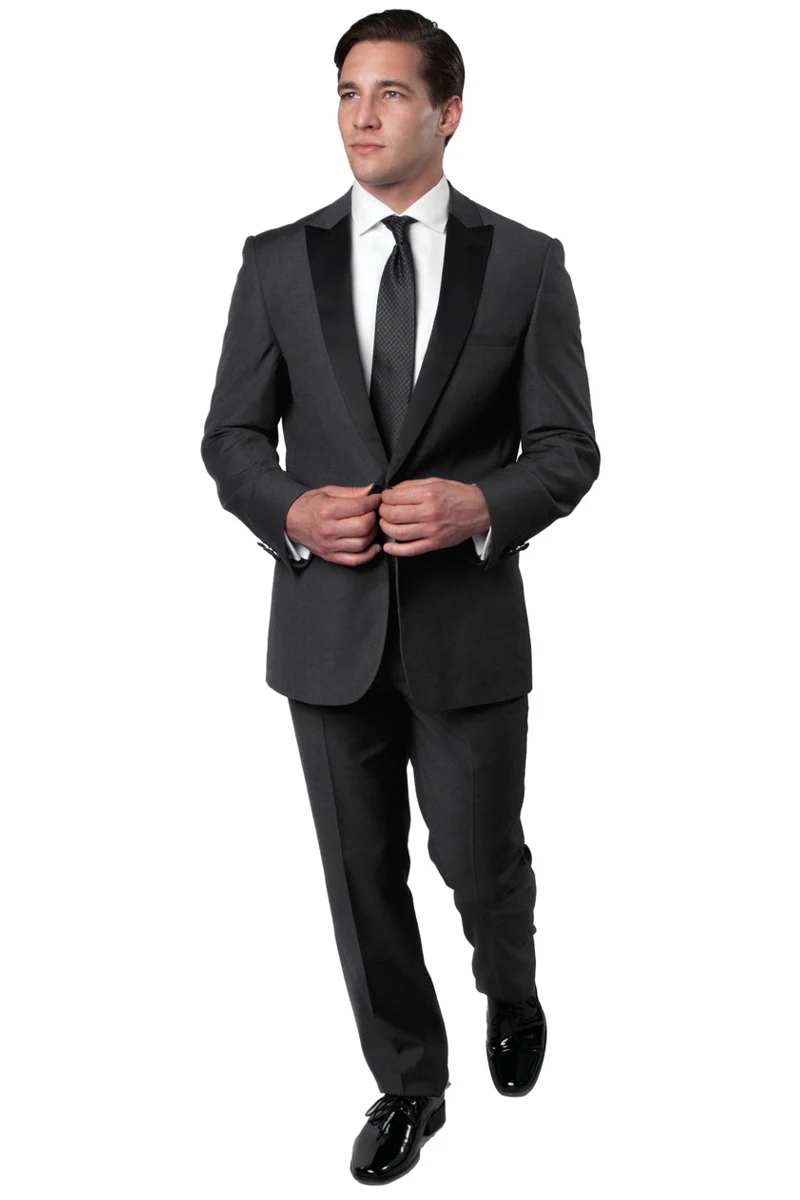 Men's Slim Fit One Button Peak Lapel Wedding Tuxedo in Charcoal Grey - Image 2