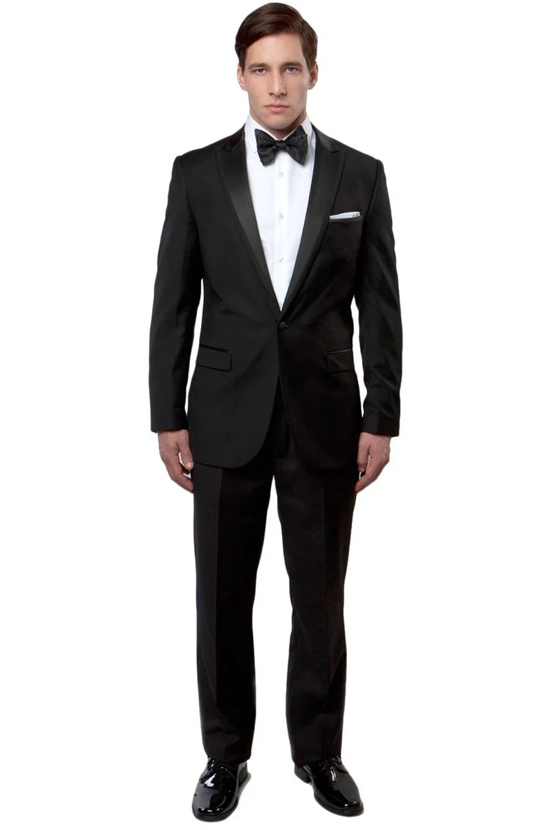 Men's Slim Fit One Button Satin Trim Peak Lapel Prom & Wedding Tuxedo in Black - Image 2