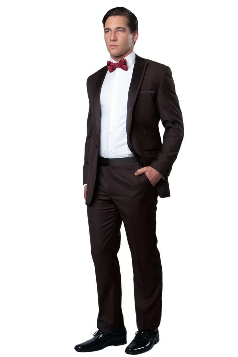 Men's Slim Fit One Button Satin Trim Peak Lapel Prom & Wedding Tuxedo in Brown - Image 2