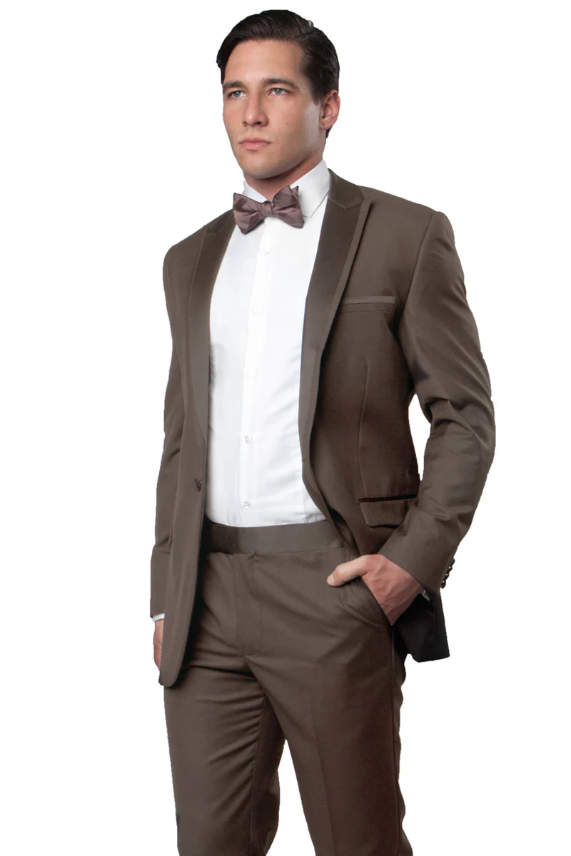 Men's Slim Fit One Button Satin Trim Peak Lapel Prom & Wedding Tuxedo in Champagne - Image 2