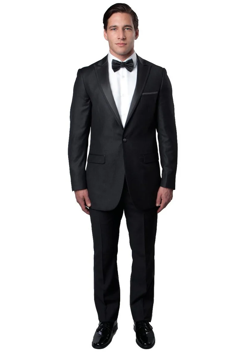 Men's Slim Fit One Button Satin Trim Peak Lapel Prom & Wedding Tuxedo in Charcoal Grey - Image 2