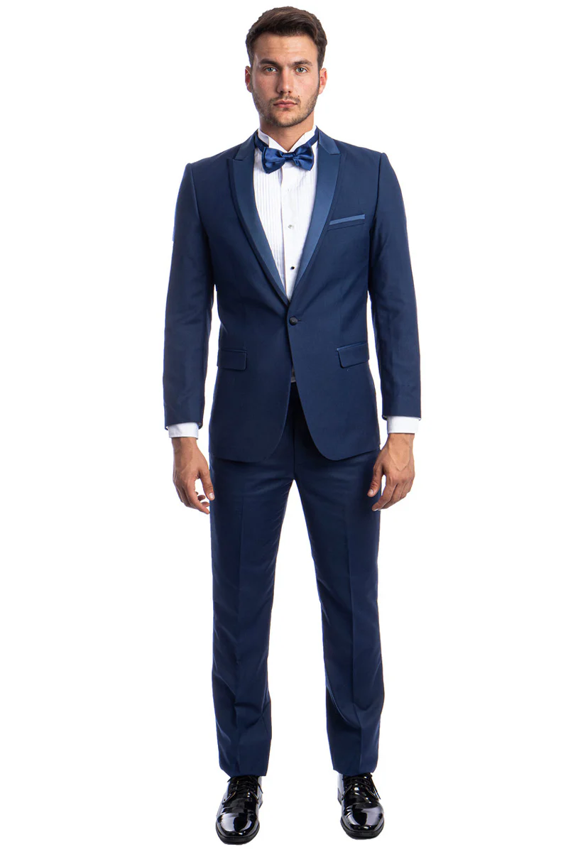 Men's Slim Fit One Button Satin Trim Peak Lapel Prom & Wedding Tuxedo in Cobalt Blue - Image 2
