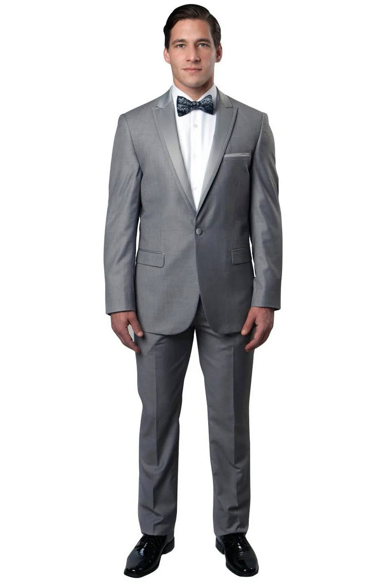 Men's Slim Fit One Button Satin Trim Peak Lapel Prom & Wedding Tuxedo in Grey - Image 2