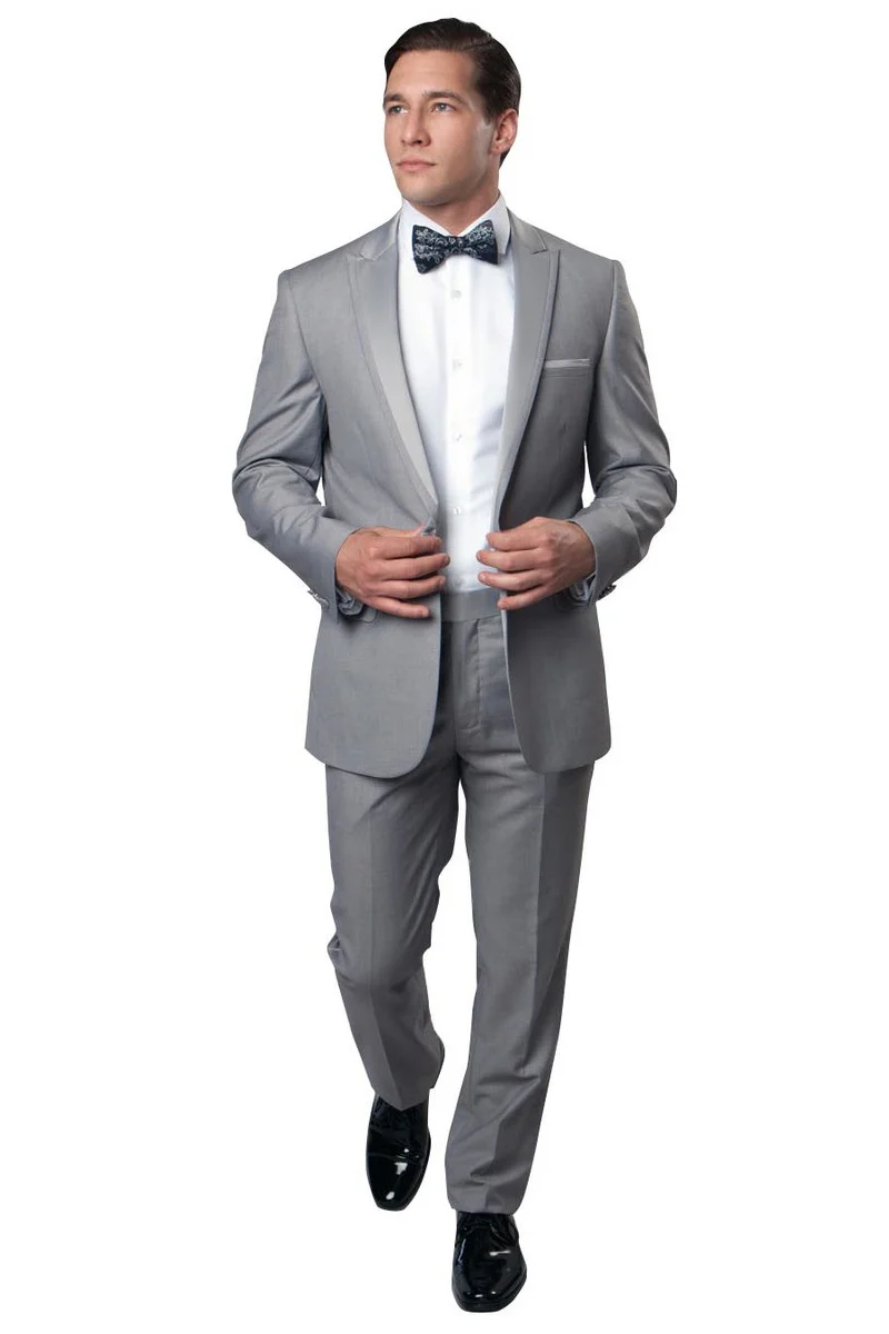 Men's Slim Fit One Button Satin Trim Peak Lapel Prom & Wedding Tuxedo in Light Grey - Image 2