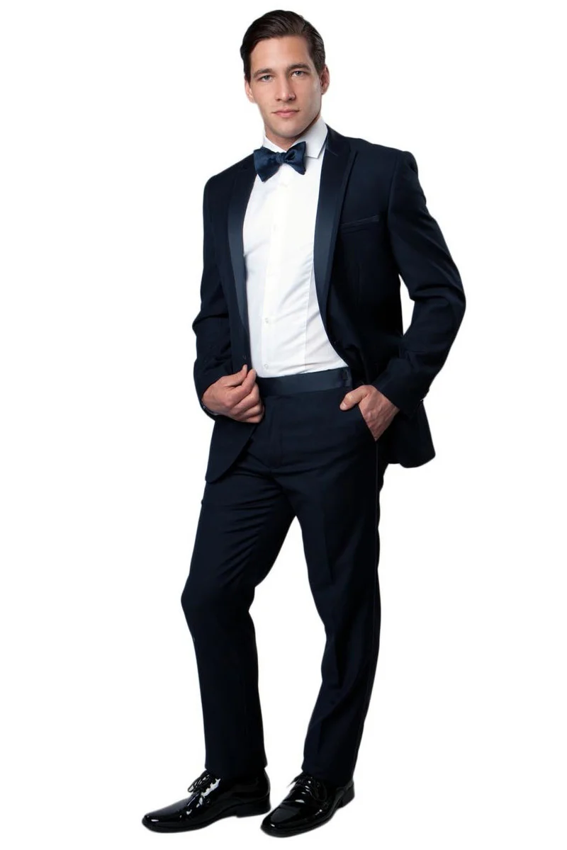 Men's Slim Fit One Button Satin Trim Peak Lapel Prom & Wedding Tuxedo in Navy Blue - Image 2