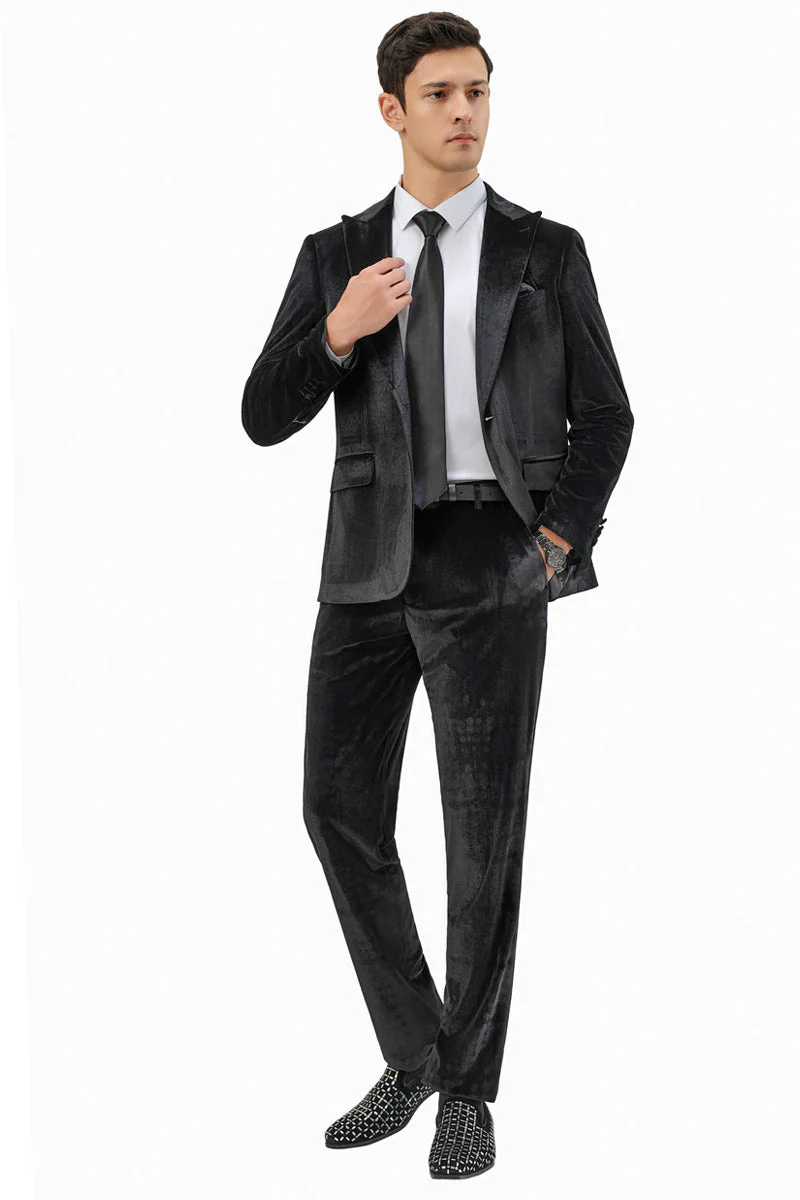 Men's Slim Fit One Button Velvet Wedding & Prom Suit in Black - Image 2