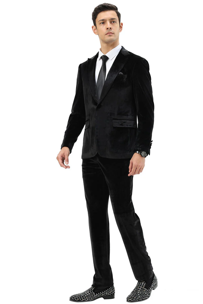 Men's Slim Fit One Button Velvet Wedding & Prom Suit in Black - Image 3