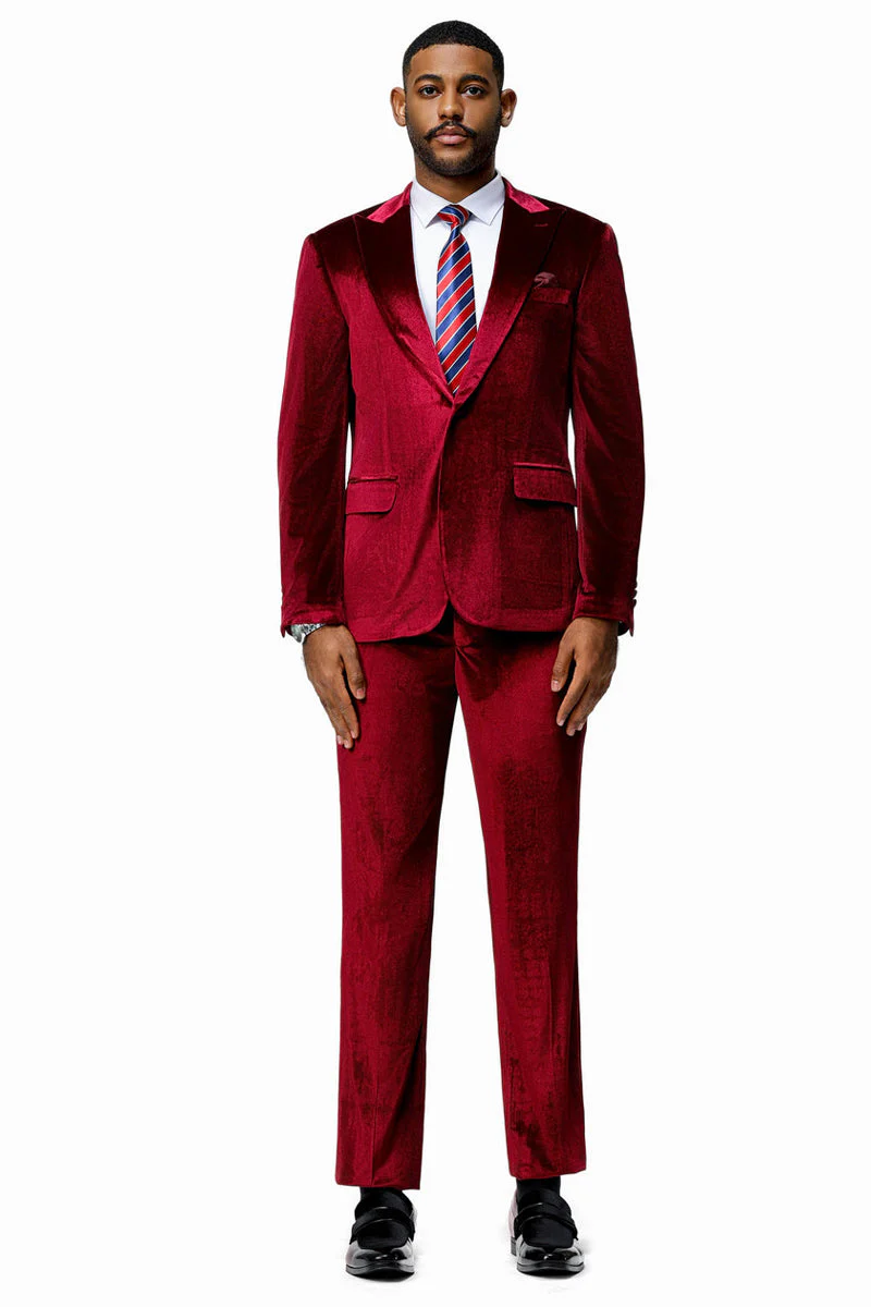 Men's Slim Fit One Button Velvet Wedding & Prom Suit in Burgundy - Image 2