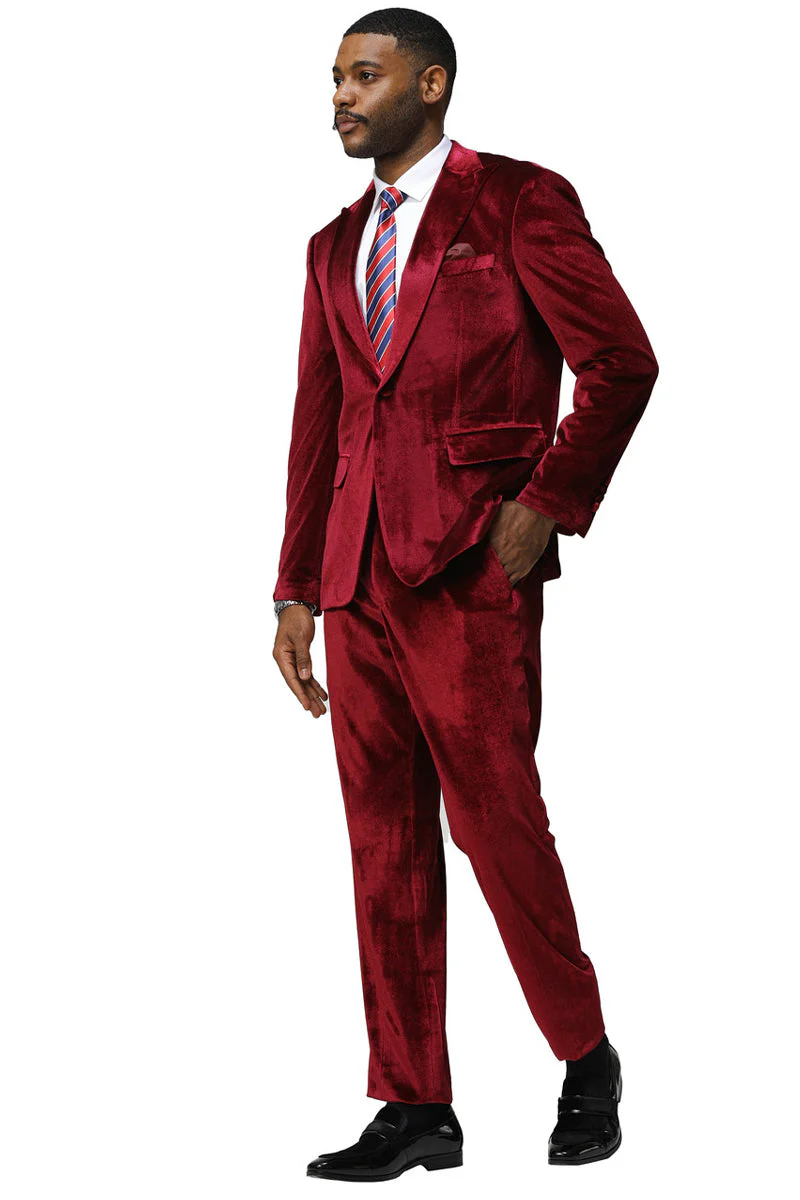 Men's Slim Fit One Button Velvet Wedding & Prom Suit in Burgundy - Image 3