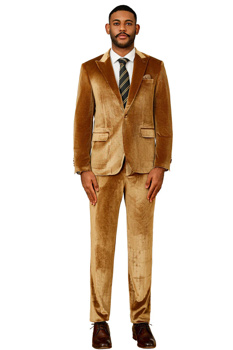 Men's Slim Fit One Button Velvet Wedding & Prom Suit in Gold - Image 2