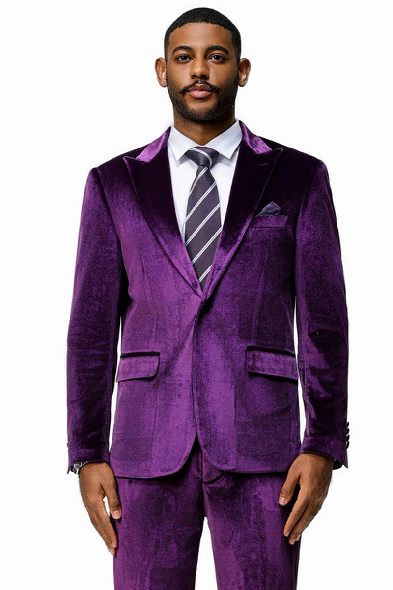 Men's Slim Fit One Button Velvet Wedding & Prom Suit in Purple