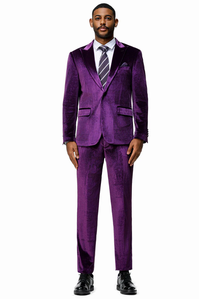 Men's Slim Fit One Button Velvet Wedding & Prom Suit in Purple - Image 2