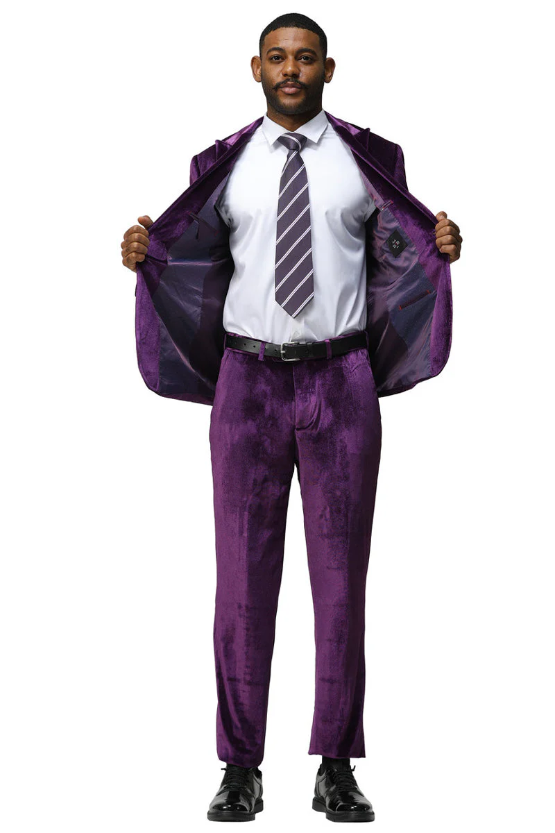 Men's Slim Fit One Button Velvet Wedding & Prom Suit in Purple - Image 3