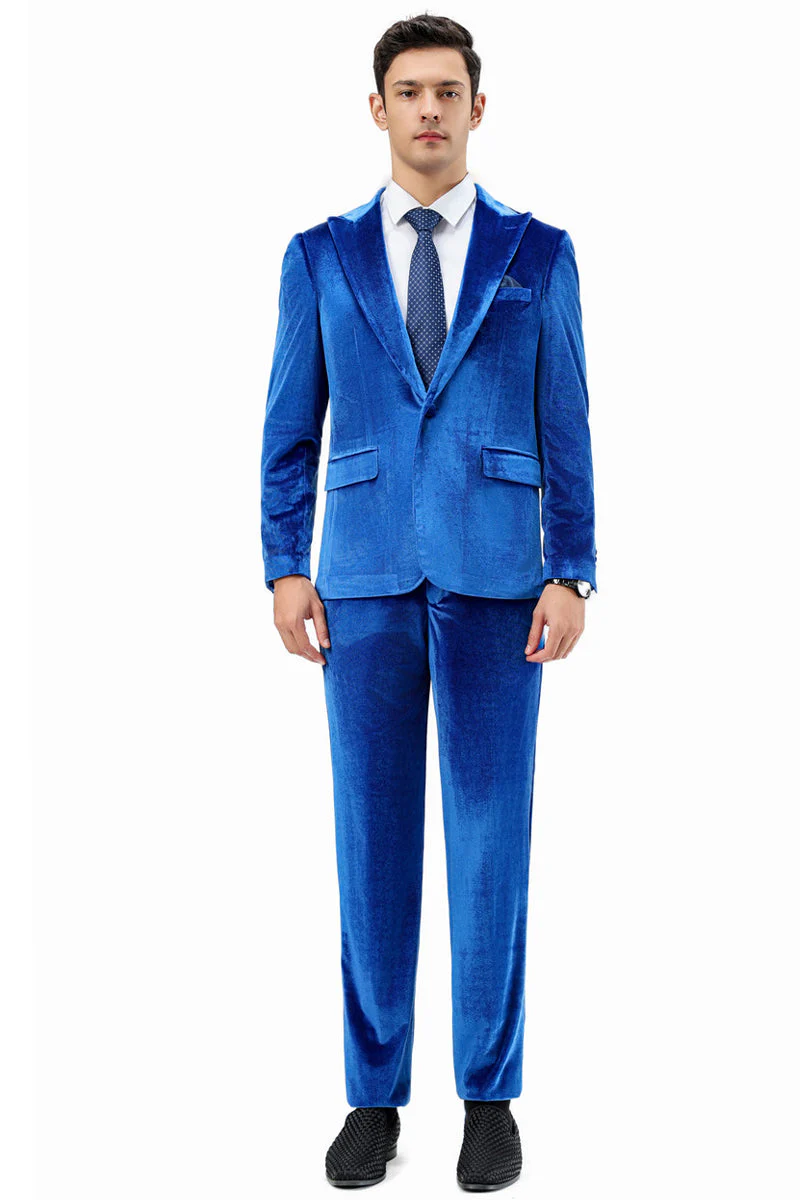 Men's Slim Fit One Button Velvet Wedding & Prom Suit in Royal Blue - Image 2