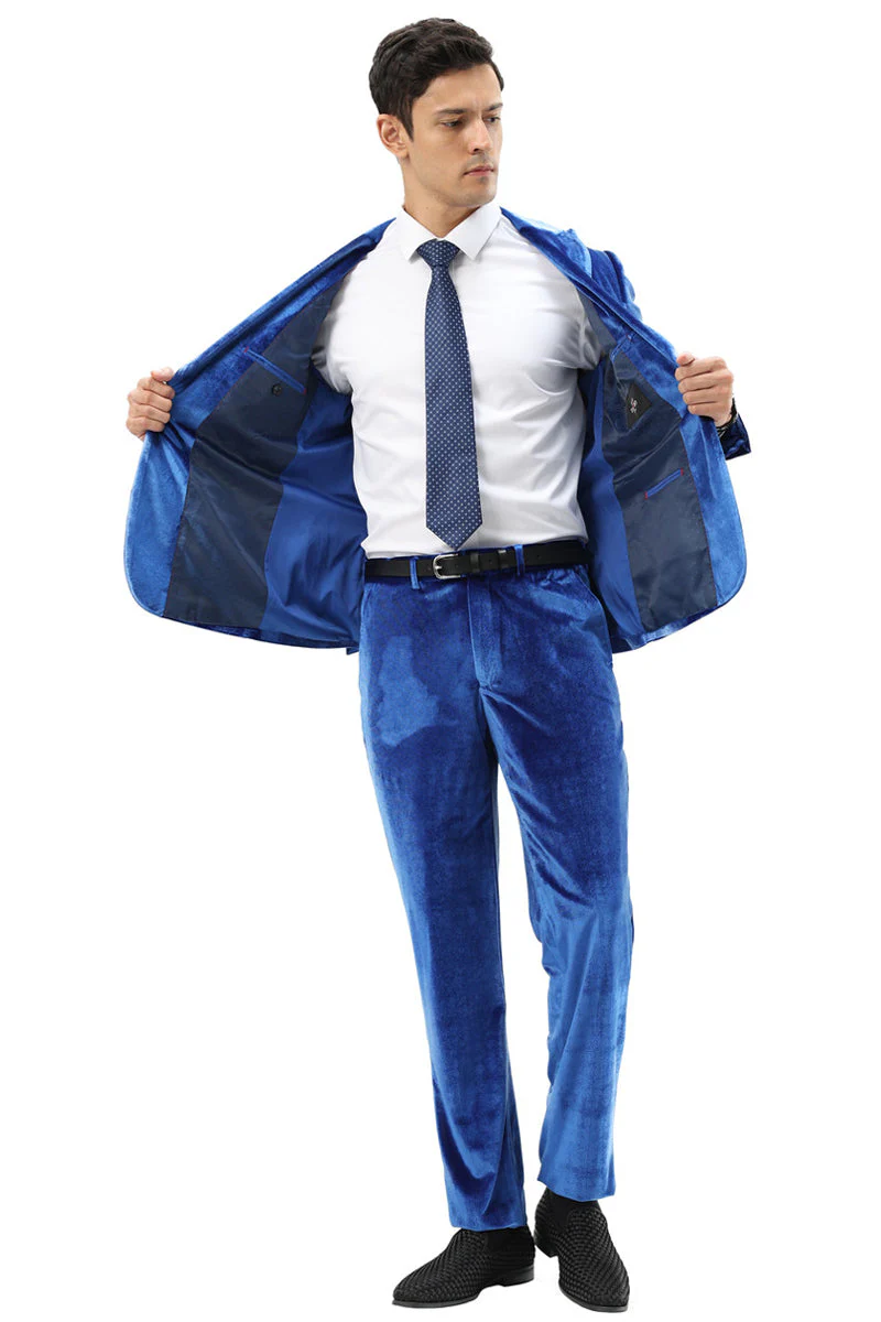 Men's Slim Fit One Button Velvet Wedding & Prom Suit in Royal Blue - Image 3