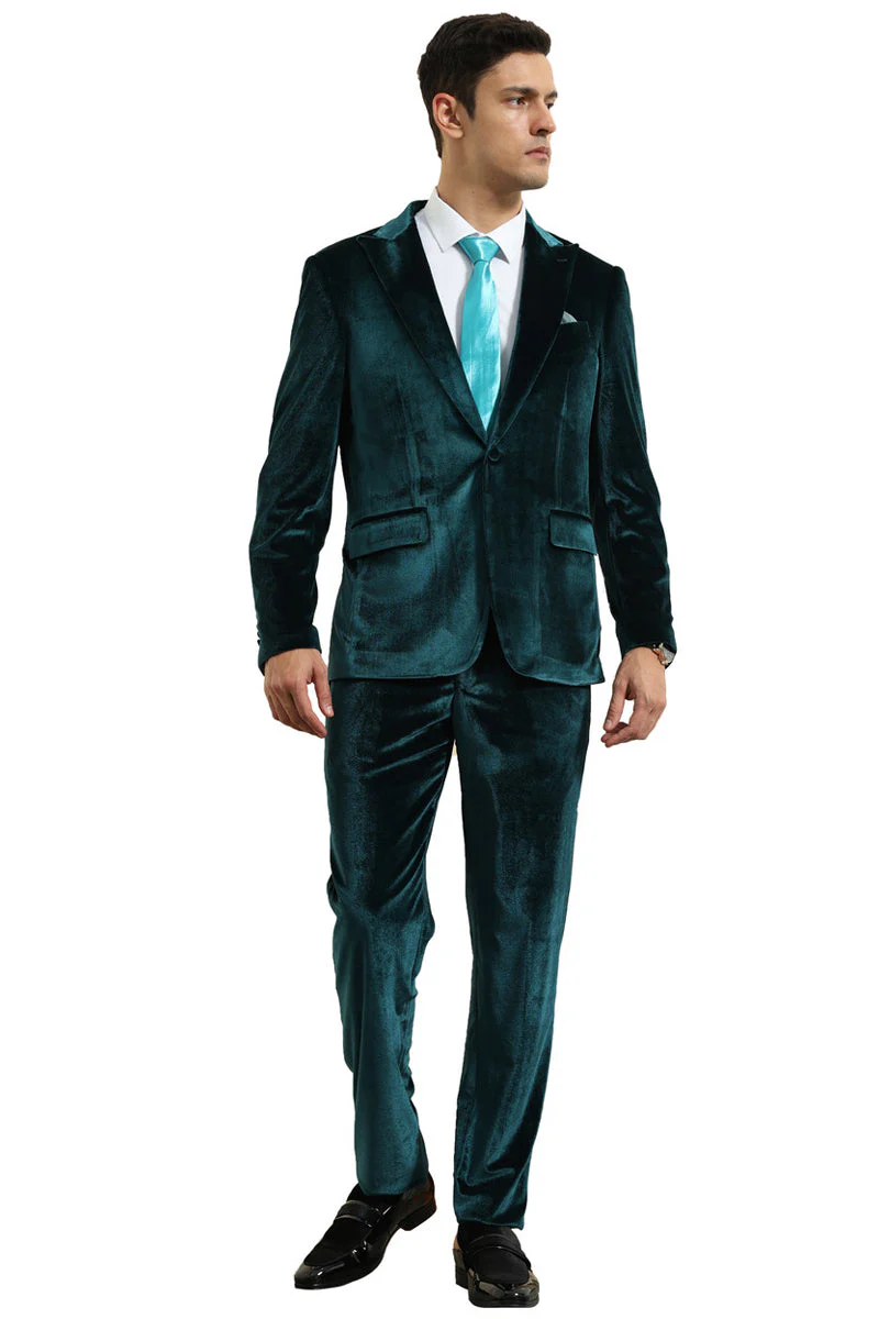 Men's Slim Fit One Button Velvet Wedding & Prom Suit in Teal Greenm - Image 2