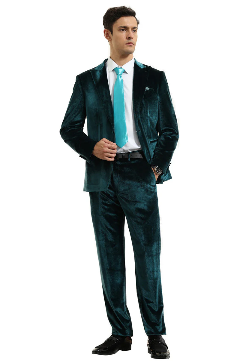 Men's Slim Fit One Button Velvet Wedding & Prom Suit in Teal Greenm - Image 3