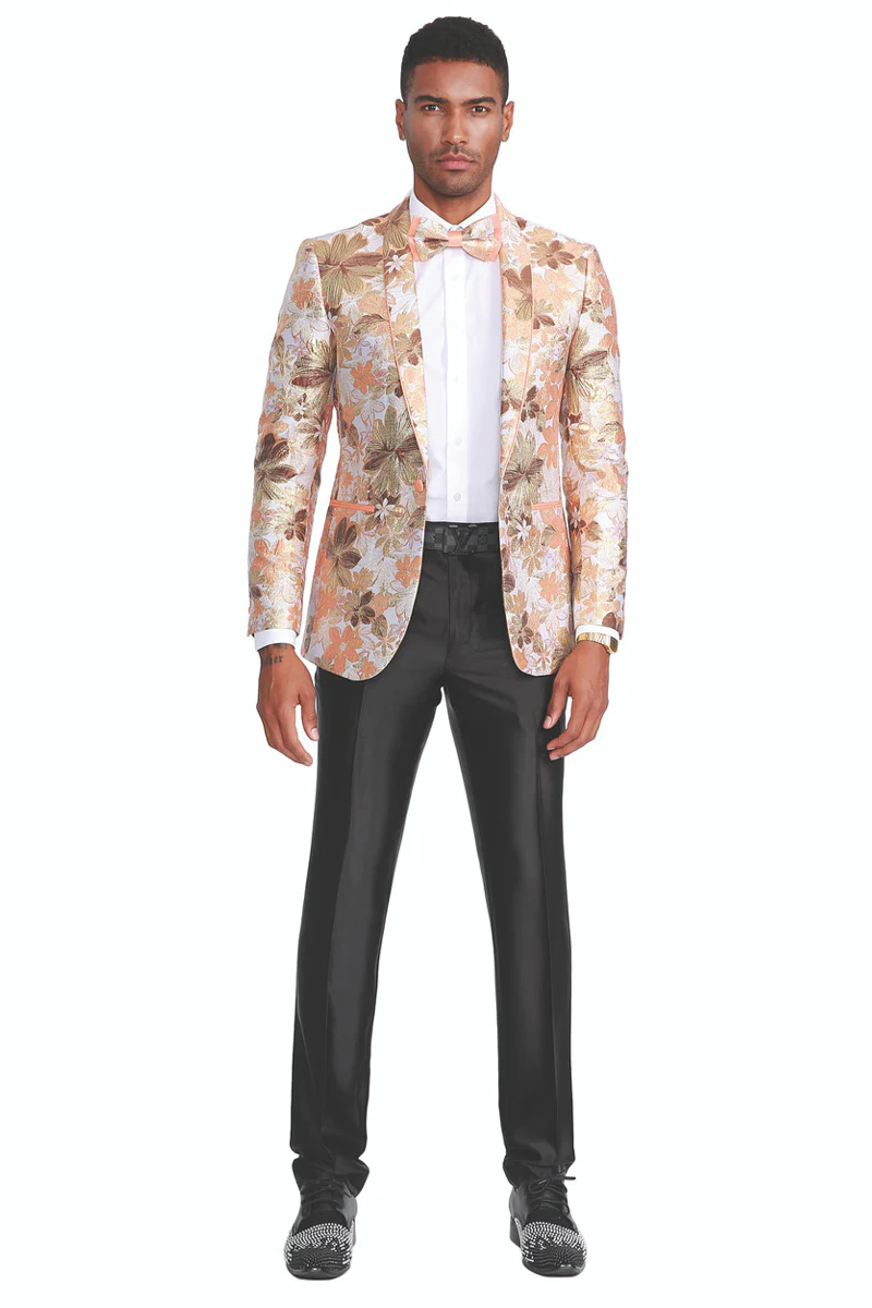 Men's Slim Fit Paisley Prom Tuxedo Jacket in Peach & Orange - Image 2