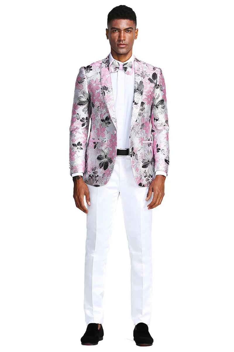 Men's Slim Fit Paisley Prom Tuxedo Jacket in Pink & Black - Image 2