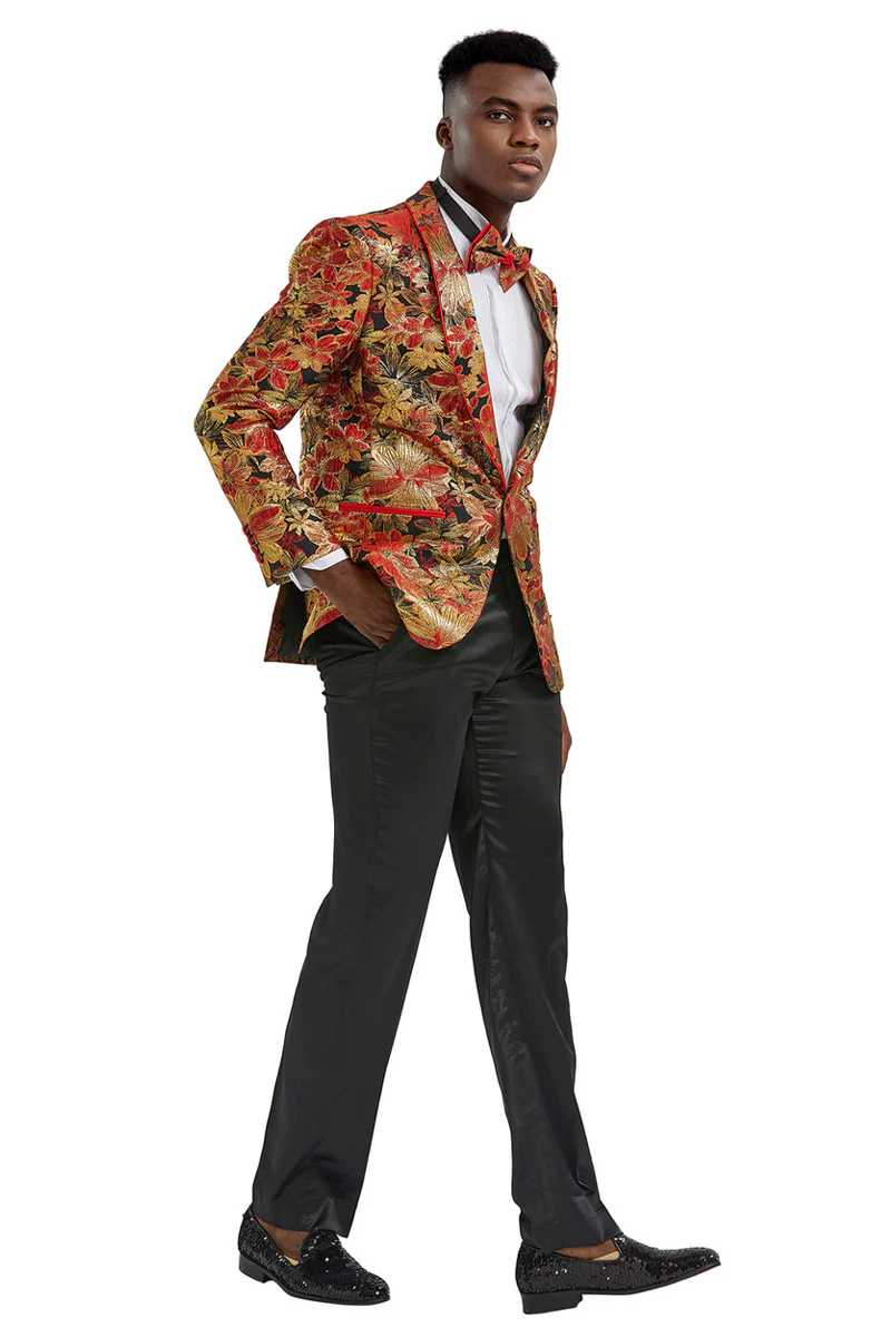 Men's Slim Fit Paisley Prom Tuxedo Jacket in Red & Gold - Image 2